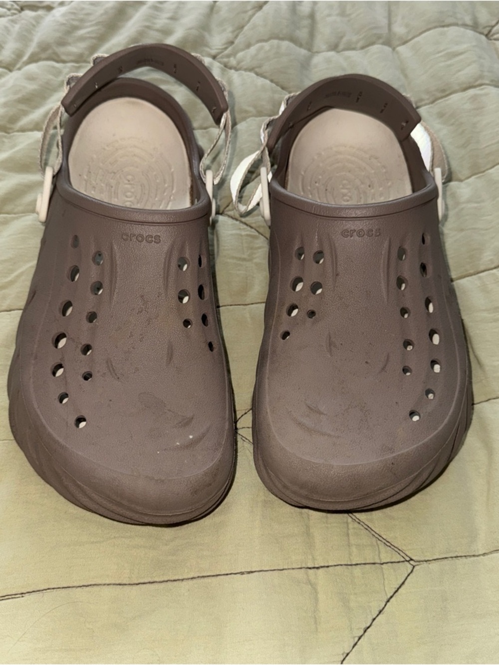 CROCS Classic Clog in Brown with White Heel Strap